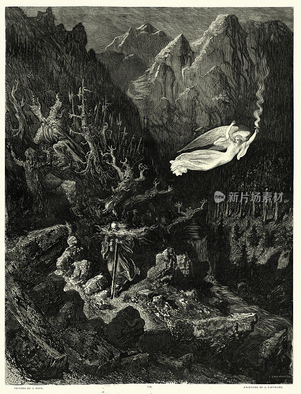 流浪的犹太人，由古斯塔夫・多雷(Gustave Dore)绘制，漫步在闹鬼的森林里，由天使守护